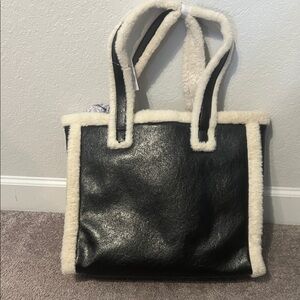 BCBGeneration Black and Cream Faux Shearling Tote